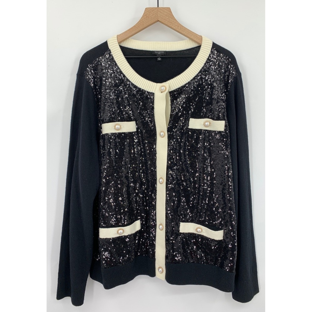 Talbots Sweater Womens 2X Black‎ Beige Sequin Cardigan Wool Blend Pearl Button